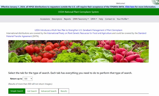 Figure 2. The interface of the GRIN (Germplasm Resources Information Network) website.