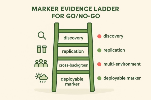 Figure 2: Marker evidence ladder from discovery to deployable marker with go/no-go indicators.