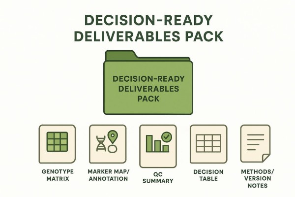 Figure 4: Blueprint of decision-ready deliverables pack with genotype files, marker map, QC summary, decision table, and version notes.