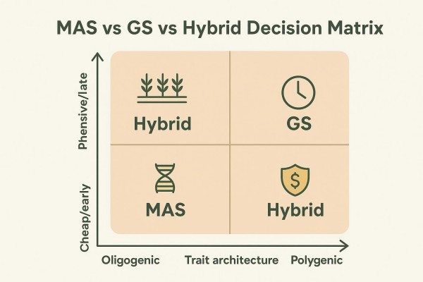 Decision matrix comparing MAS, GS, and Hybrid strategies across trait architecture and phenotyping cost/timing