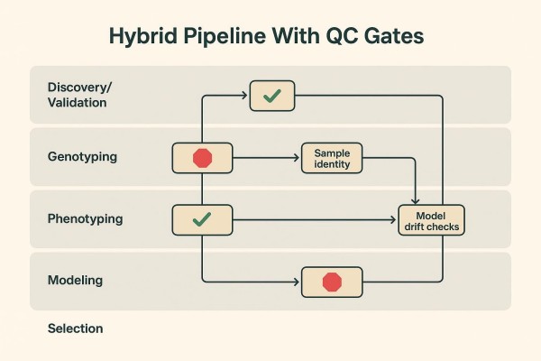 Swimlane diagram of a hybrid MAS+GS pipeline with QC gates for markers, samples, batches, and model drift