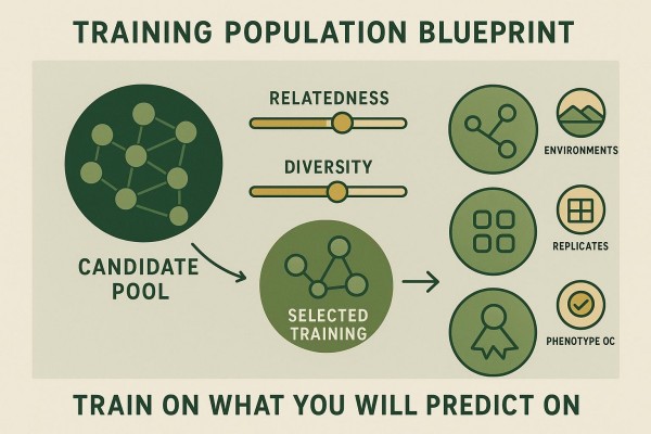 Diagram showing candidate pool to training subset selection with relatedness/diversity controls and phenotype QC overlays