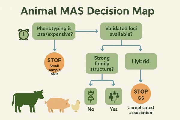 Animal MAS Decision Map flowchart guiding MAS vs GS vs Hybrid with stop nodes for weak evidence