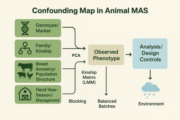 Confounding Map in Animal MAS showing genotype, kinship, breed structure, and management factors with control levers like PCA and LMM