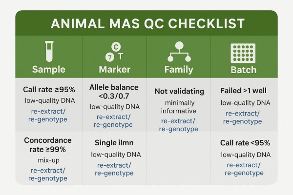 Animal MAS QC Checklist card summarizing Sample, Marker, Family, and Batch QC gates