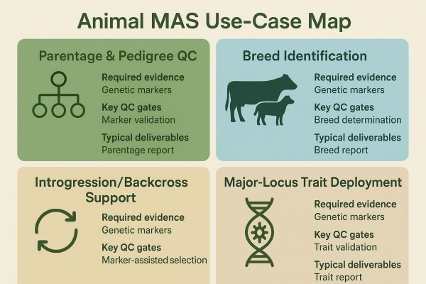 Animal MAS Use-Case Map with four tiles: Parentage, Breed ID, Introgression, and Major-locus deployment