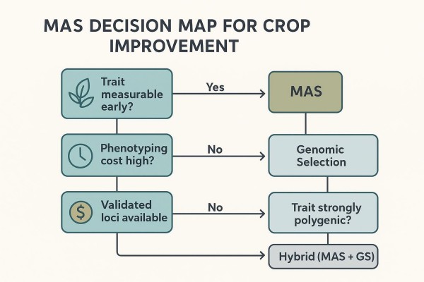 Flowchart infographic guiding when to use MAS versus phenotypic selection or genomic selection