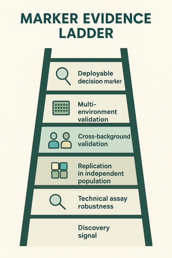 Infographic ladder showing stages from marker discovery to deployable decision marker