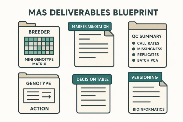 Schematic illustrating MAS deliverables: genotype matrix, annotations, QC summary, decision table, and version notes