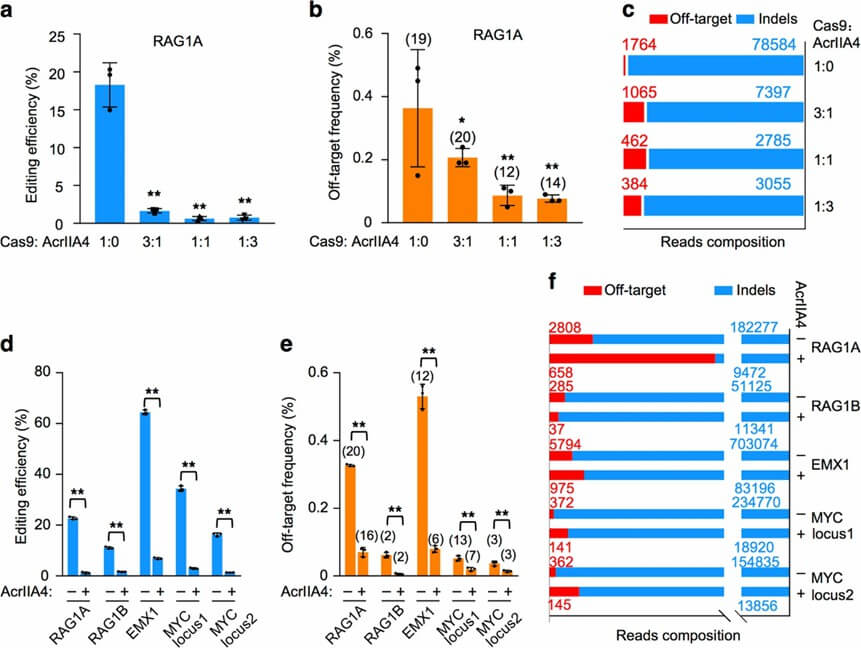 Figure 5: AcrIIA4's limited role in minimizing Cas9 off-target effects, showing incomplete inhibition.