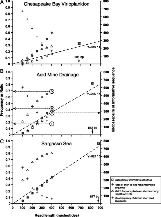 Comparison of homolog hit frequency and the amount of informative sequence in BLAST for long and short reads as the length of short-read sequences increases. (Wommack, et al., 2008)