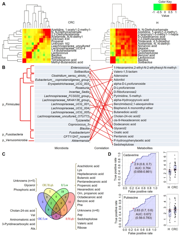 Integrated correlation-based network analysis of microbes and metabolites. Pearson’s correlation analysis from the entire network in the CRC group and H group.