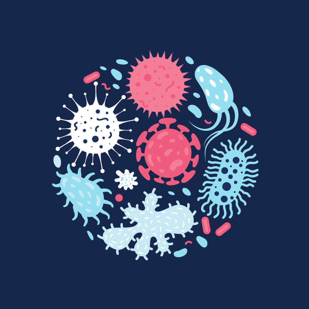Doodle illustration of various microbes and bacteria.