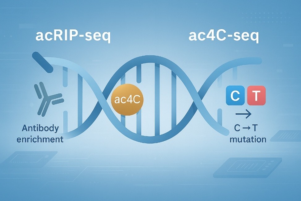 Infographic comparing acRIP-seq and ac4C-seq RNA modification detection methods.
On the left, acRIP-seq is illustrated with an antibody icon binding to an RNA strand, labeled 'Antibody enrichment.' In the center, a golden 'ac4C' modification is shown on the RNA double helix. On the right, ac4C-seq is represented by a C→T mutation with blue 'C' and red 'T' blocks and the label 'C → T mutation.' The background features a blue, clean tech-style design with subtle data and sequencing chip motifs. 