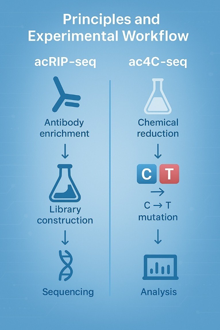 Infographic comparing the experimental workflows of acRIP-seq and ac4C-seq. The acRIP-seq side shows a vertical sequence of icons for antibody enrichment, library construction, and sequencing. The ac4C-seq side illustrates chemical reduction followed by C-to-T mutation detection, then library construction, sequencing, and data analysis. Blue-toned, minimal design with scientific icons.