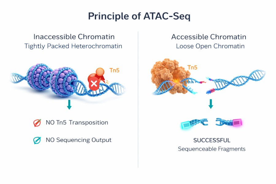 Diagram illustrating the mechanism of Tn5 transposase cleaving and tagging open chromatin regions