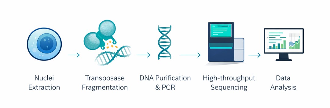 Horizontal infographic showing the five-step ATAC-seq workflow from Sample QC to Data Analysis