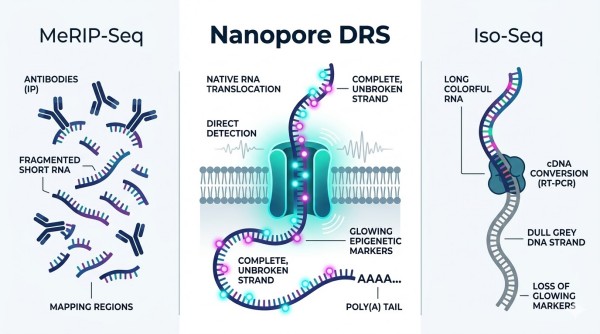 A 3-way comparison table or Venn diagram highlighting Nanopore DRS, MeRIP-seq, and PacBio Iso-Seq