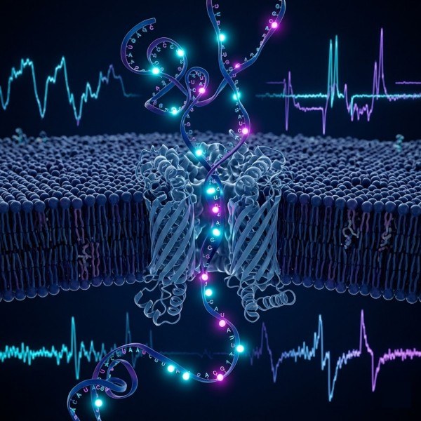 Conceptual illustration of Nanopore Direct RNA sequencing decoding methylated RNA strands