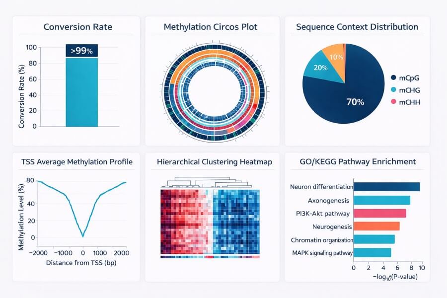 Panel of six WGBS demo result plots including Circos plot, TSS enrichment, DMR heatmap, and sequence context distribution