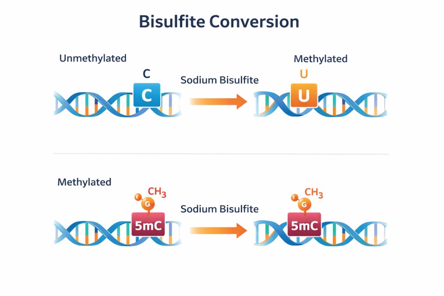 Schematic diagram of bisulfite conversion showing unmethylated cytosine converting to uracil while methylated cytosine remains unchanged