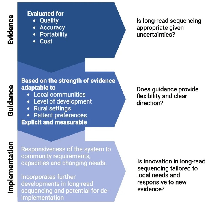 Schematic pipeline for long-read sequencing implementation in evidence-based medicine.