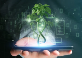 View of a Businessman holding a DNA growing as a plant.