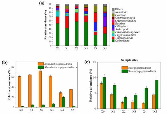 (a) Relative abundance of the predominant phyla for each site (with average sequence percentage above 1.0); Relative abundance of the abundant taxa (b) and rare taxa (c) for each site.