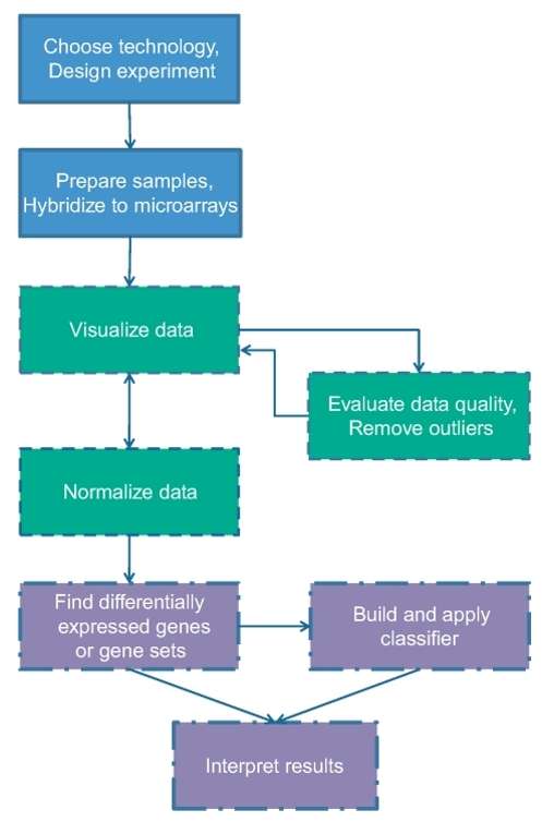 Microarray procedure showing key steps in gene expression profiling.