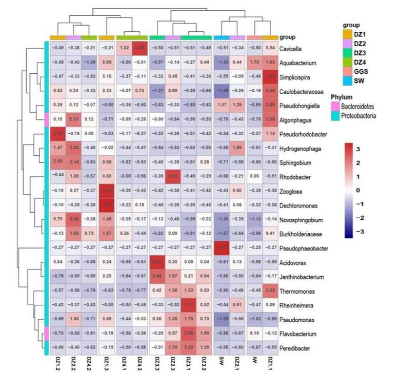 Heatmap showing the relative abundance of selected OTUs