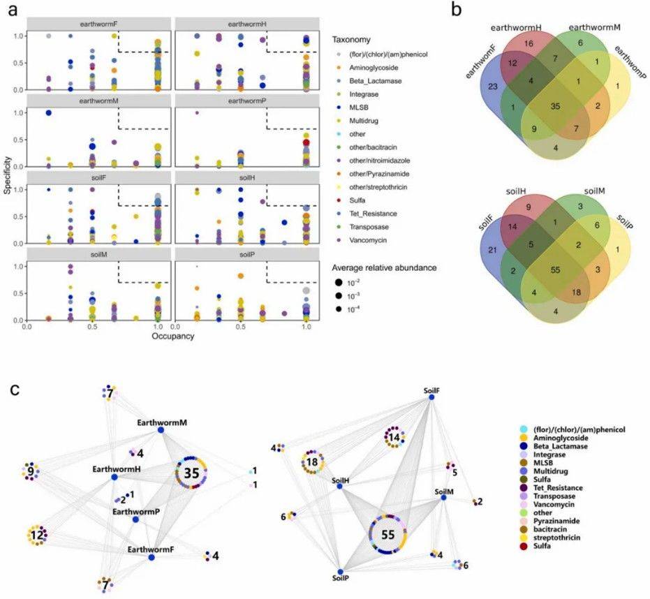 Figure 2. (a) Profiles of ARGs distribution in each habitat type; (b) Venn diagrams illustrating the number of ARGs shared between different earthworm and soil samples; (c) Bipartite network analysis representing the shared ARGs among different land use types in the microbiomes of soil and earthworms. (Luo F et al., 2024)