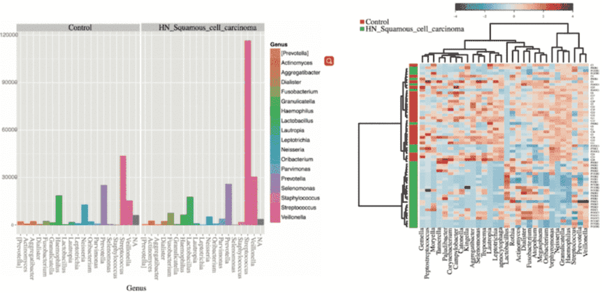 Differentially enriched microbiota OTUs in HNSCC when compared to control samples.