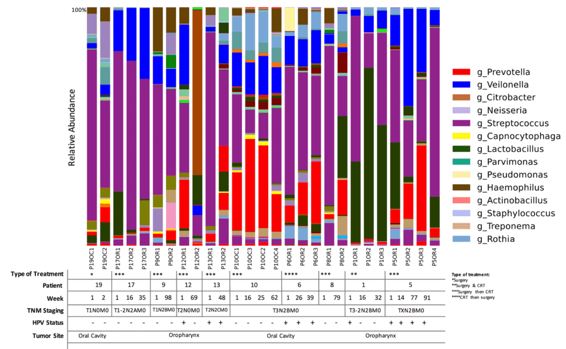 Time-series analyses of HNSCC patients based on sampling sites, HPV status and TNM staging.