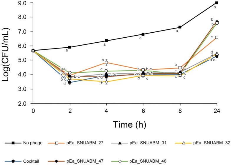 In vitro bactericidal effect of Erwinia phages φ27, φ31, φ32, φ47, φ48, and their cocktail.