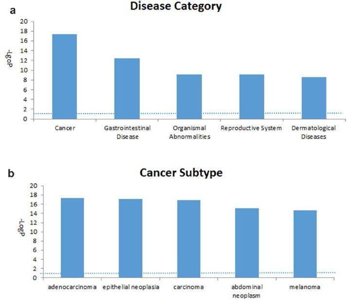 Top five associated disease categories (a) and top five cancer subtypes (b) analyzed by IPA.