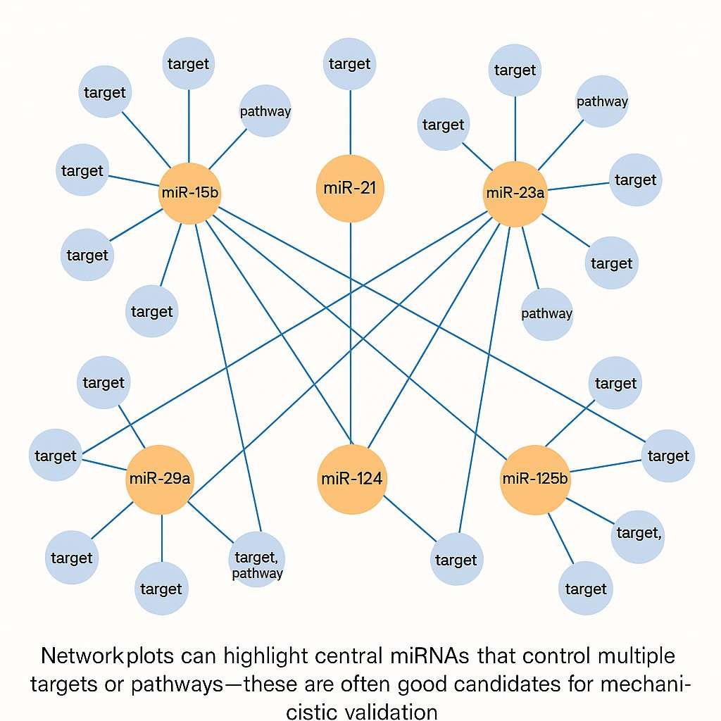 Network plot showing six central miRNAs connected to multiple targets and pathways, illustrating regulatory complexity in exosomal RNA analysis.