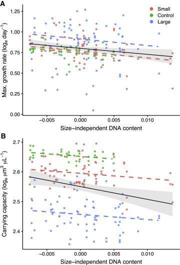 Growth rate and carrying capacity decrease with increasing size-independent DNA content.