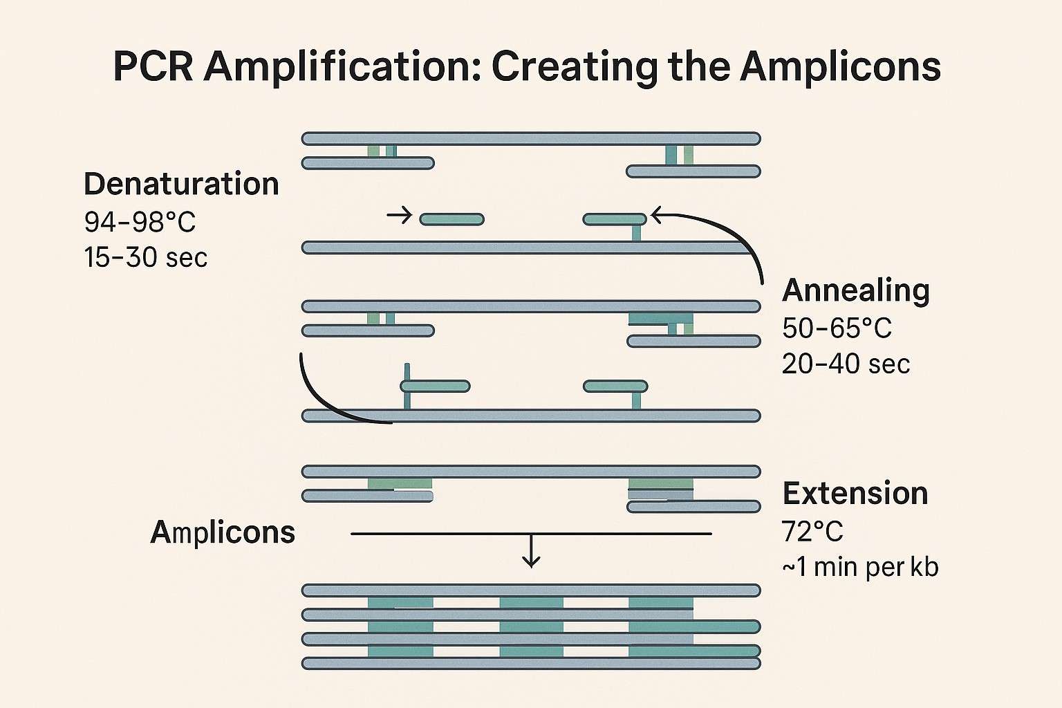 PCR amplification process diagram displaying denaturation, annealing, extension steps, and strategies to reduce amplification bias.