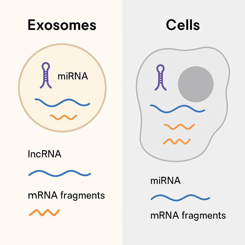 RNA types in exosomes versus cells, including miRNA, lncRNA, and mRNA fragments.
