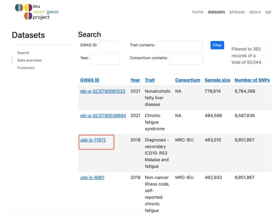 OpenGWAS database search page.