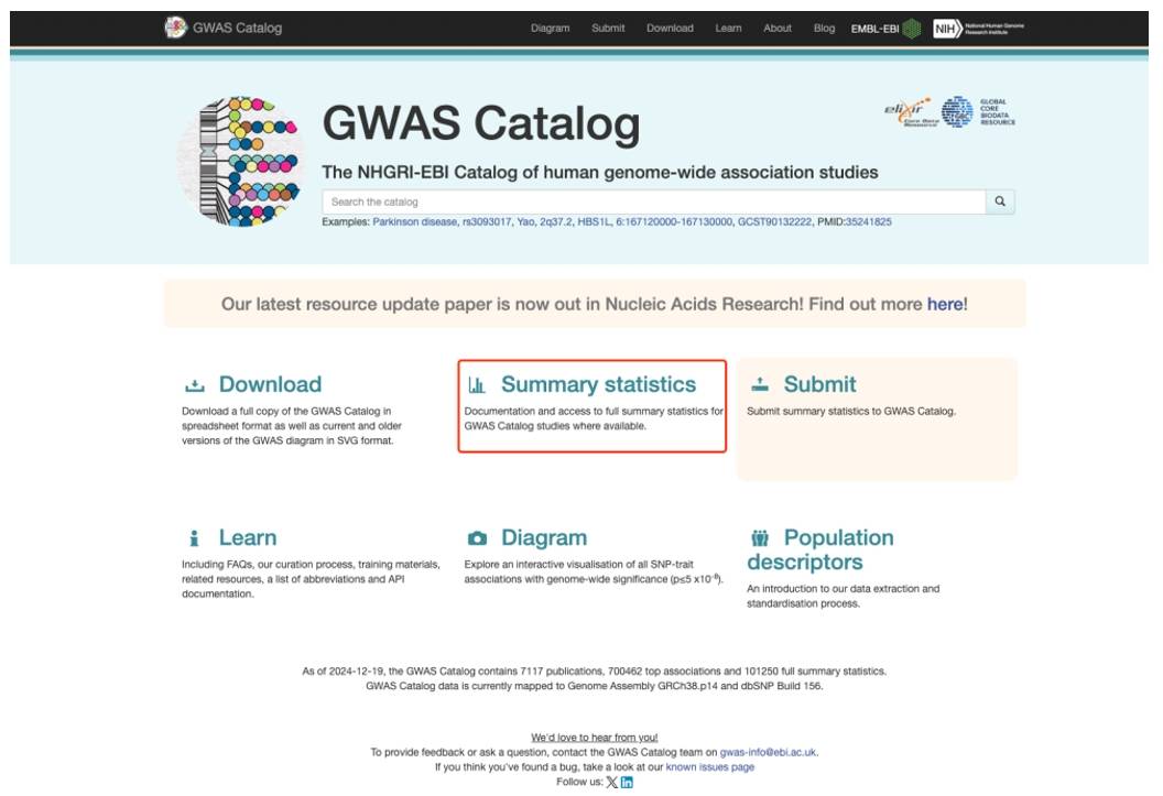 GWAS Catalog database home page.
