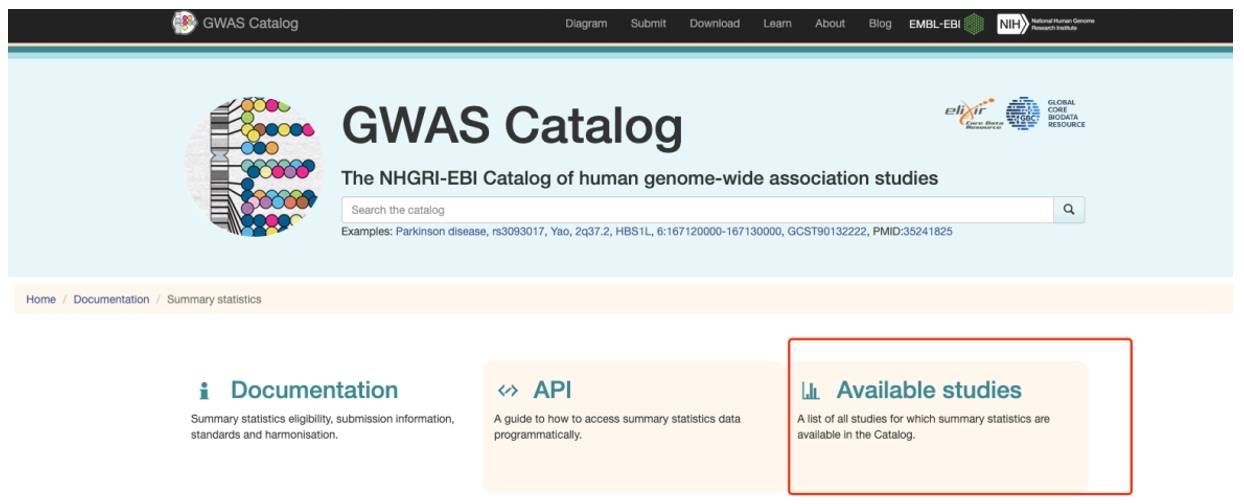 GWAS Catalog database summary statistics page.