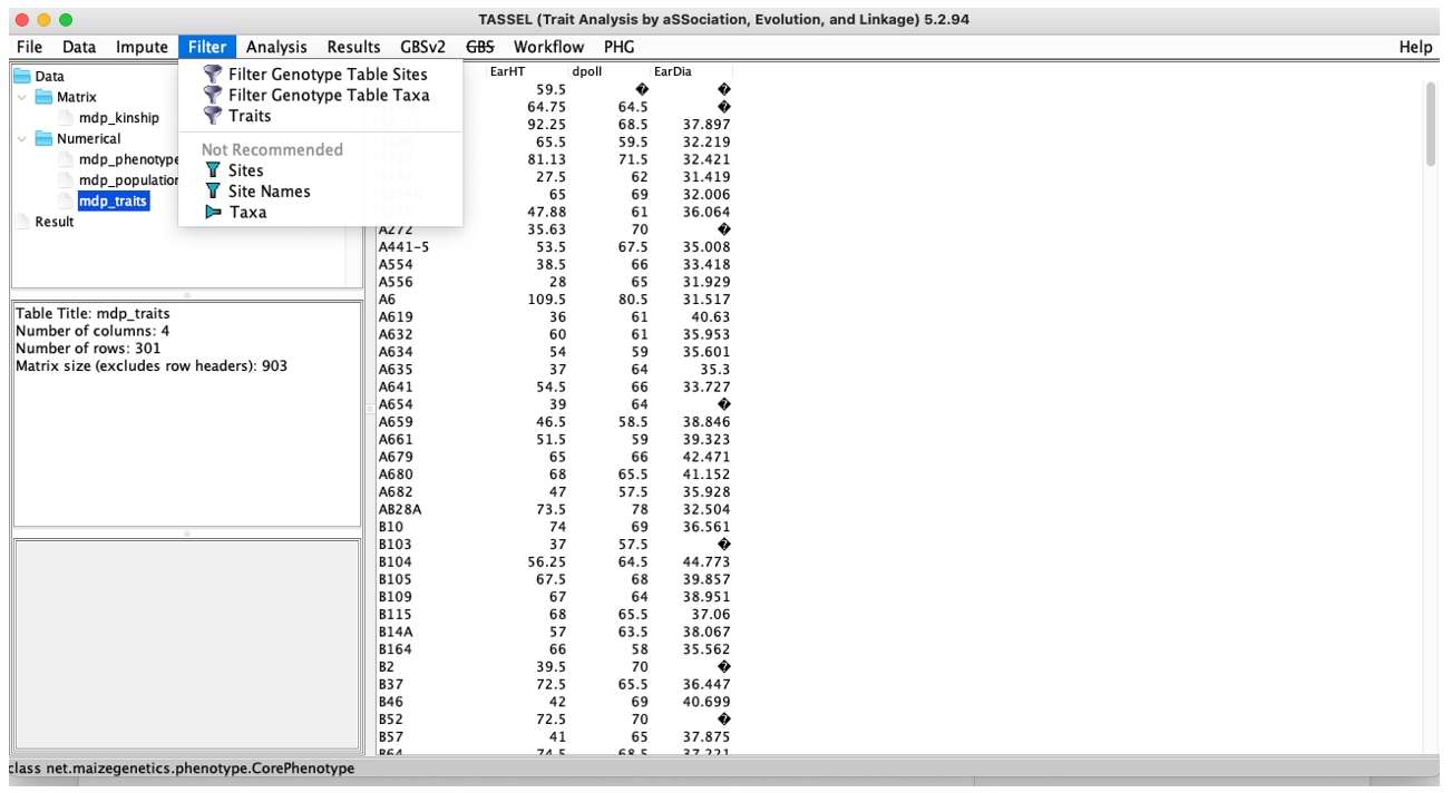 TASSEL Filter menu.
